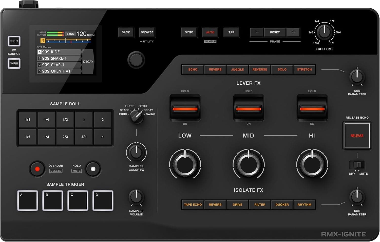 AlphaTheta RMX‑IGNITE Professional DJ Effector – 3-BAND FX, LEVER FX, 4-Sampler Pads, Digital Send/Return, ESS 32‑bit Converters