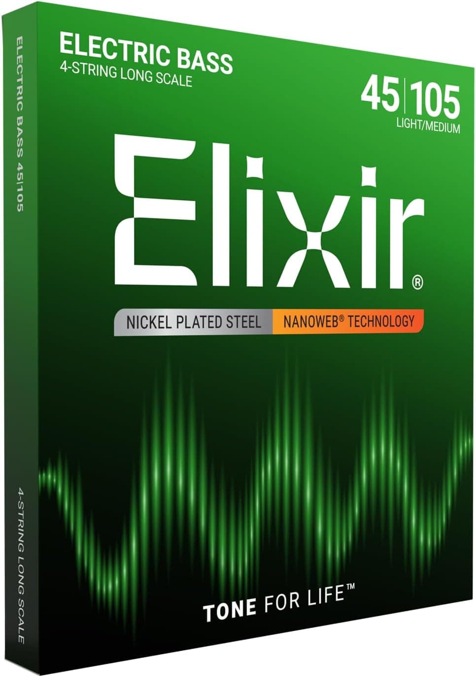 Elixir 14077 Strings Nickel Plated Steel 4-String Bass Strings w NANOWEB Coating, Long Scale, Light/Medium (.045-.105), White Black Red Blue