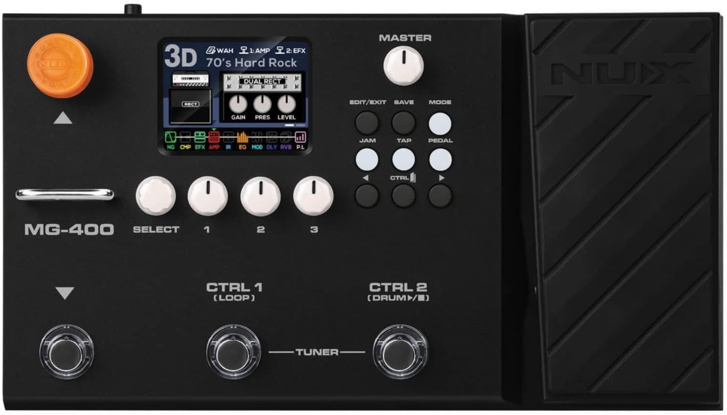 NUX MG-400 Guitar Multi-FX Pedal with dual processors and delivering high definition models and increased flexibility. Integrated effect