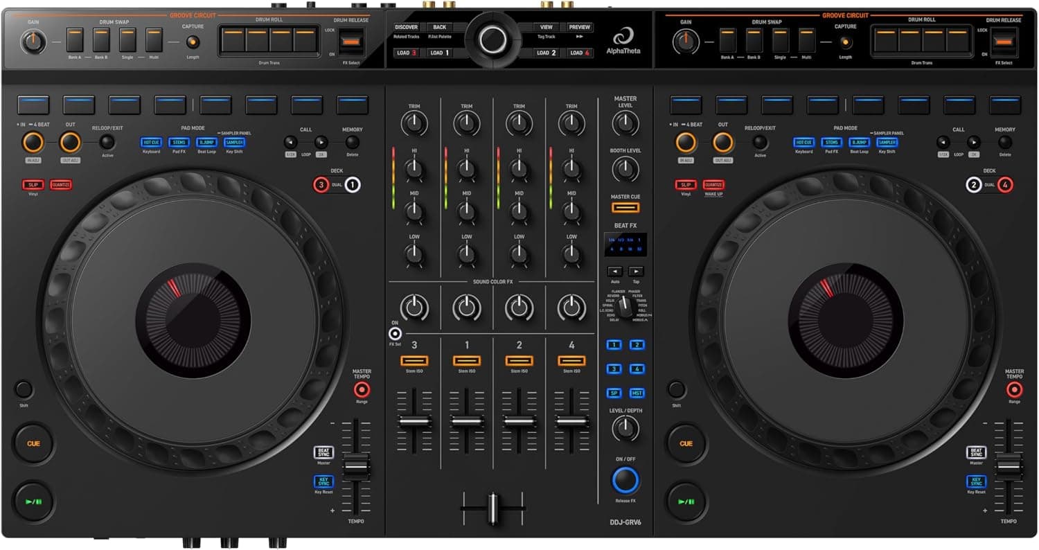 AlphaTheta DDJ‑GRV6 4‑Channel DJ Controller — Groove Circuit Live Remixing, Club‑Standard Layout, Full‑Size Jog Wheels, rekordbox & Serato DJ Pro Compatible | 4-Channel Club-Layout Controller with Groove Circuit Live Drum Remix, 206 Mm Full-Size Jogs, Rekordbox and Serato Compatible