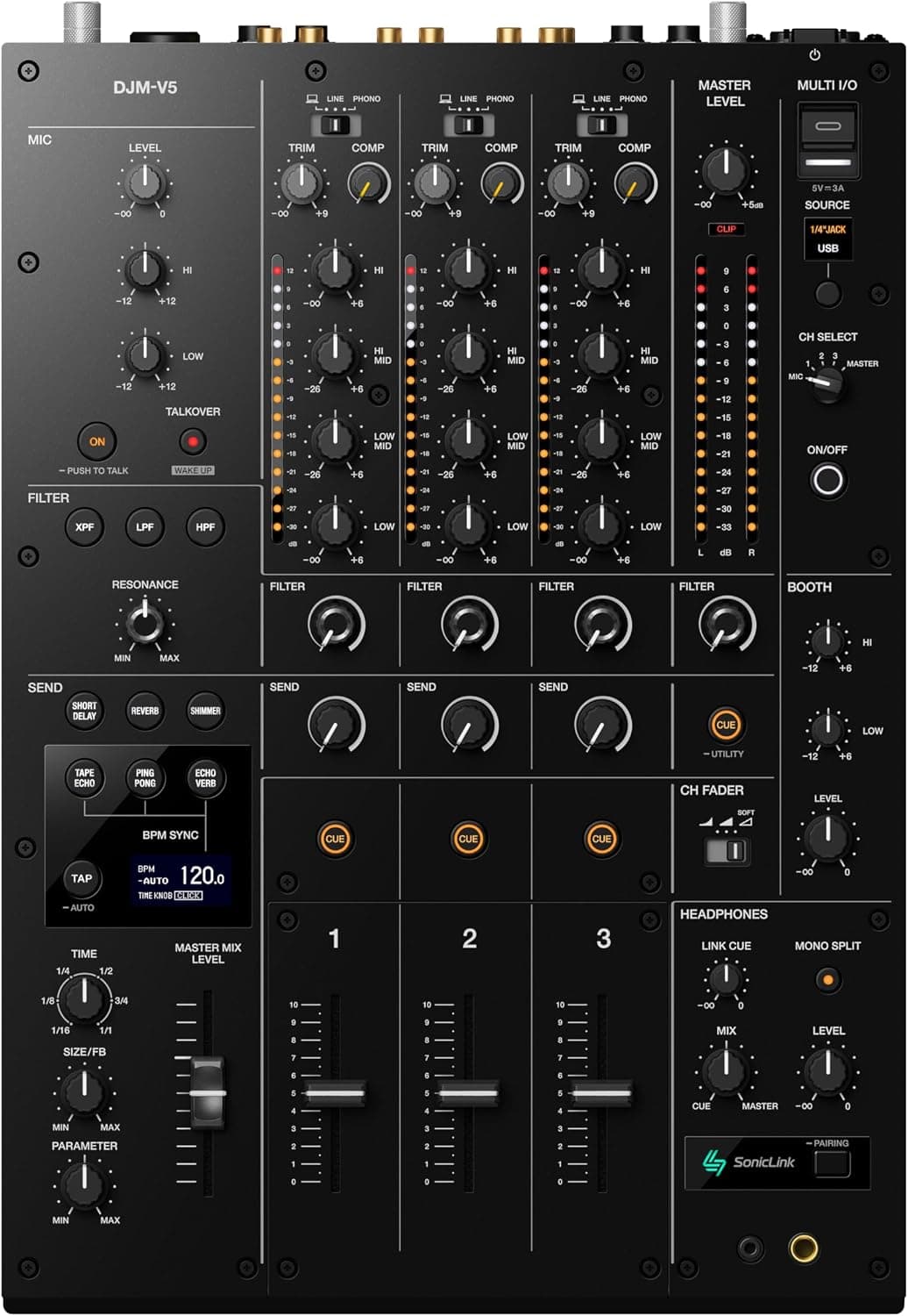AlphaTheta DJM-V5 3-Channel DJ Mixer, Send FX, SonicLink, Black | For creative club DJs, 3-channel mixer, DJM-V10 sound, 4-band EQ, Send FX, cross-pass filter