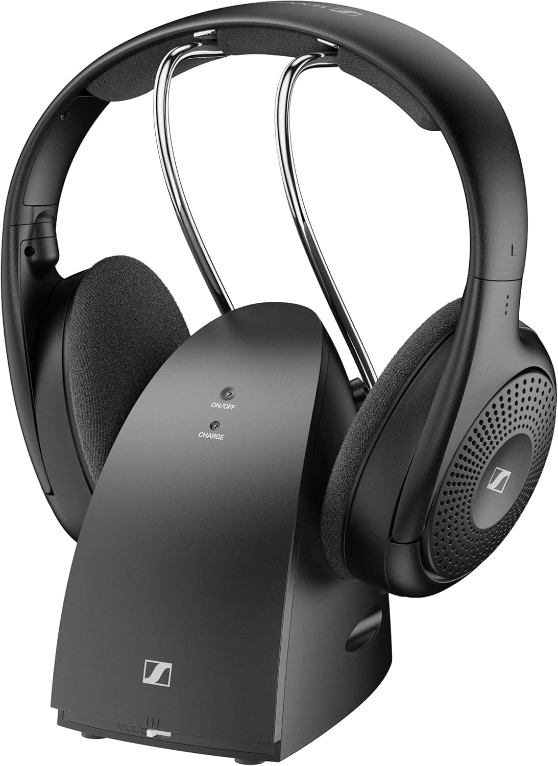 Sennheiser RS 120-W On-Ear Wireless Headphones for Crystal-clear TV Listening with 3 Sound Modes, Lightweight Design, Easy Volume Control, 60 m Range and Convenient Transmitter/Charger Combo - Black
