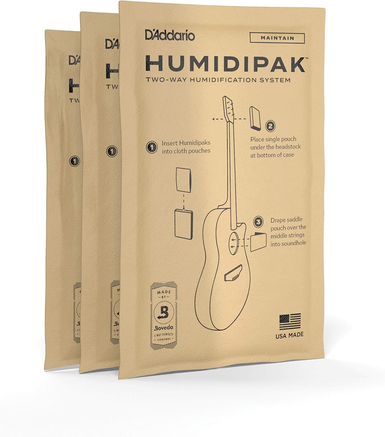 D'Addario Guitar Humidifier Packs - Two-Way Humidification System Conditioning Packets - For Maintaining Proper Guitar Humidification Level - 3 Maintain Replacement Packets